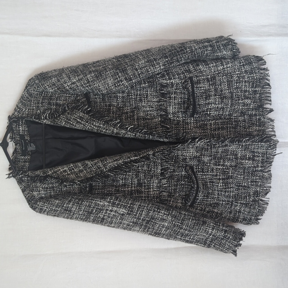 Sandro Black White Hatched Tweed Raw Tattered Blazer Jacket Size Extra Large